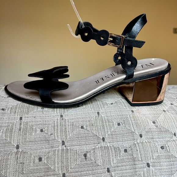 Ivy Kirzhner NY Lala Black Leather w/ Rose Gold Block Heel Sandal 38.5 US 8 - 8. - Picture 2 of 16